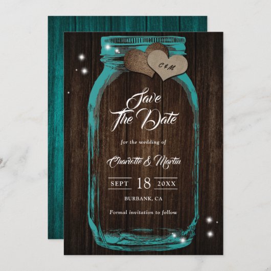 Save The Date Turquoise Rustique Burlap Coeurs Mason Jar Mariage (Devant / Derrière)
