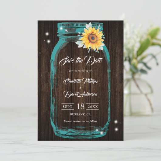 Save The Date Turquoise Rustique en bois Mason Jar Mariage tourn (Debout devant)