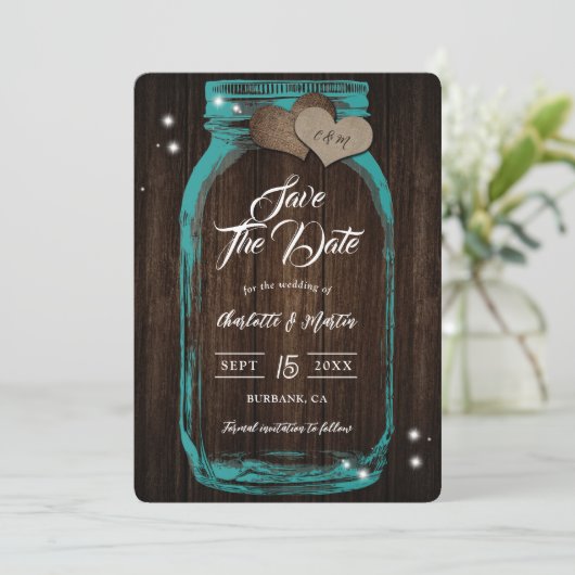 Save The Date Turquoise rustique Mason Jar Mariage de automne en (Debout devant)