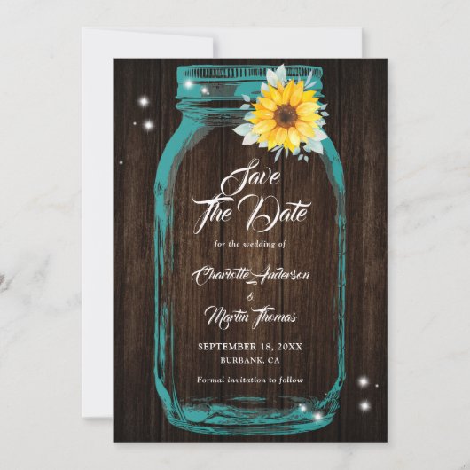 Save The Date Turquoise rustique Mason Jar Mariage de tournesol (Devant)