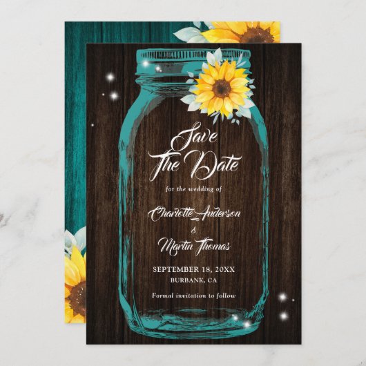 Save The Date Turquoise rustique Mason Jar Mariage de tournesol  (Devant / Derrière)
