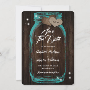 Save The Date Turquoise rustique Mason Jar Mariage en bois