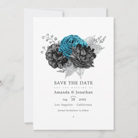 Save The Date Turquoise - Sarcelle Fleurs de mariage Noir et Arg (Devant)