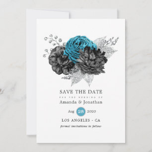 Save The Date Turquoise - Sarcelle Mariage Fleur Noir et Argent