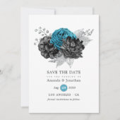 Save The Date Turquoise - Sarcelle Mariage Fleurie Argent et Noi (Devant)