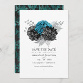 Save The Date Turquoise - Sarcelle Mariage Fleurie Noir et Argen (Devant / Derrière)