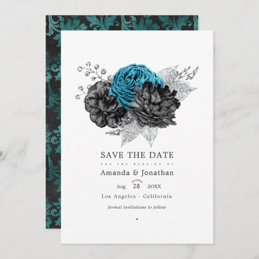 Save The Date Turquoise - Sarcelle Mariage Fleurie Noir et Argen (Devant / Derrière)