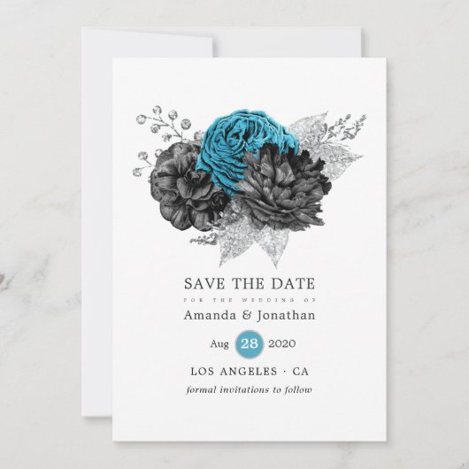 Save The Date Turquoise - Teal mariage floral noir et argent (Devant)