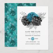 Save The Date Turquoise - Teal mariage floral noir et argent (Devant / Derrière)
