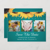 Save The Date Turquoise Tournesol 3 Photo Collage Mariage (Devant / Derrière)