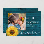 Save The Date Turquoise Tournesol Rustique Mariage photo Enregis (Devant / Derrière)