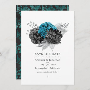 Save The Date Turquoise - Turquoise Black and Silver Floral Mari