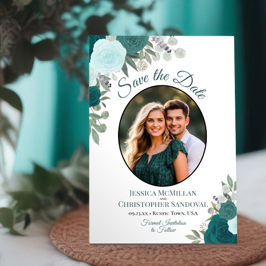 Save The Date Turquoise & Turquoise Elegant Floral Boho Mariage