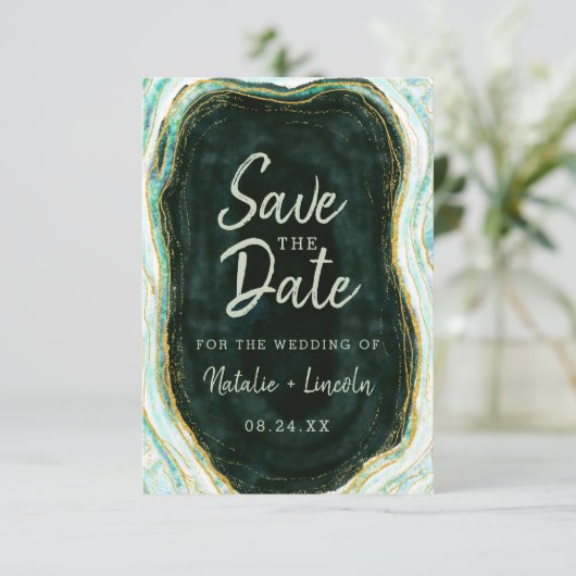 Save The Date Turquoise Vert & Or Agate Marbre Géode Moderne (Debout devant)