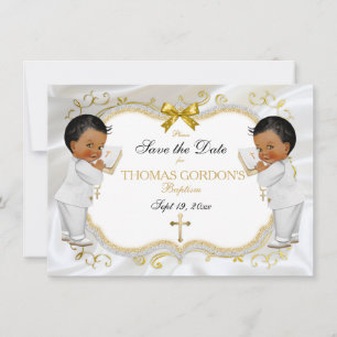 Save The Date Twin Baby Boys Baptême Enregistrer Date Croix d'or