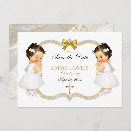 Save The Date Twin Baby Girls Baptême Enregistrer Date Croix d'o (Devant / Derrière)