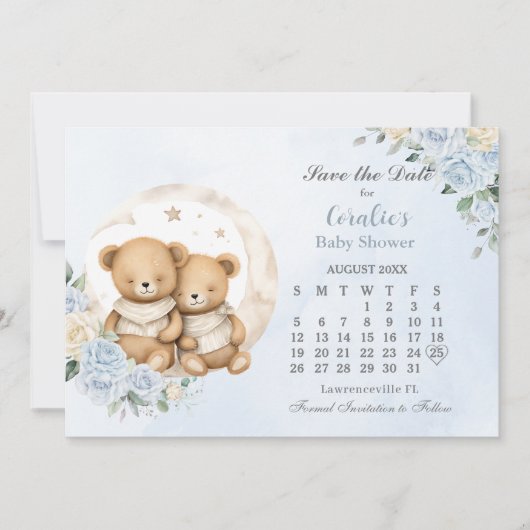 Save The Date Twins Sleeping Bears Lune Bleu Baby shower Floral (Devant)