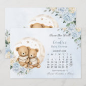 Save The Date Twins Sleeping Bears Lune Bleu Baby shower Floral (Devant / Derrière)