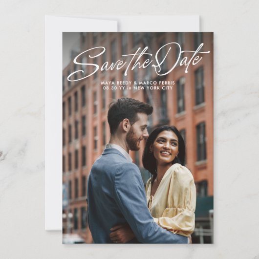 Save The Date Two photo simple stylish script wedding (Devant)