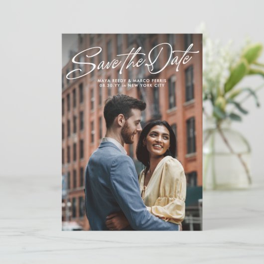 Save The Date Two photo simple stylish script wedding (Debout devant)