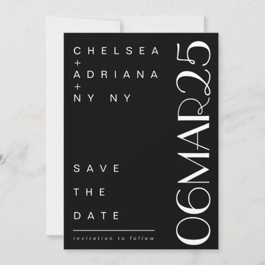 Save The Date Typographie Art Déco Mariage noir blanc (Devant)