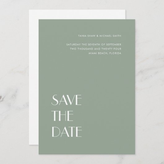Save The Date Typographie Art Déco Sage Grey Mariage vert (Devant / Derrière)