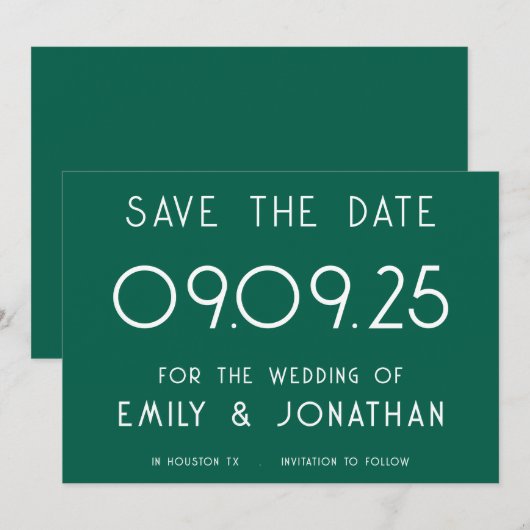 Save The Date Typographie blanche moderne Mariage émeraude (Devant / Derrière)