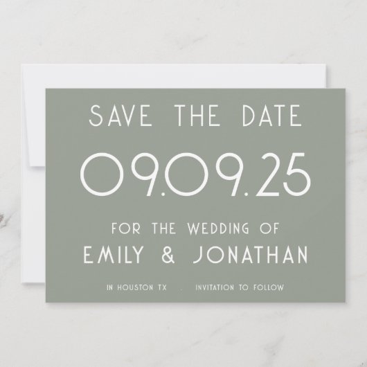 Save The Date Typographie blanche moderne Sage Mariage vert (Devant)