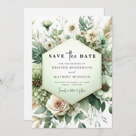 Save The Date Typographie classique unique Sage Mariage vert (Devant / Derrière)