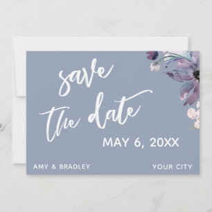 Save The Date Typographie de mariage floral bleu poussiéreux écr
