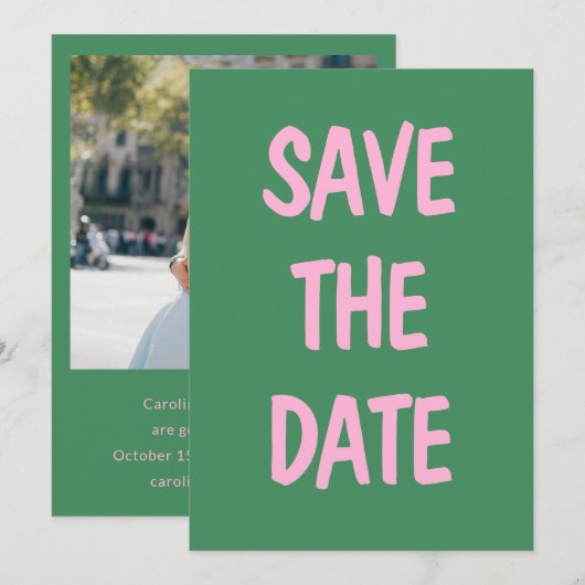 Save The Date Typographie de mariage verte rose gras (Devant / Derrière)