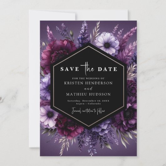 Save The Date Typographie Flore violet Mariage floral (Devant)
