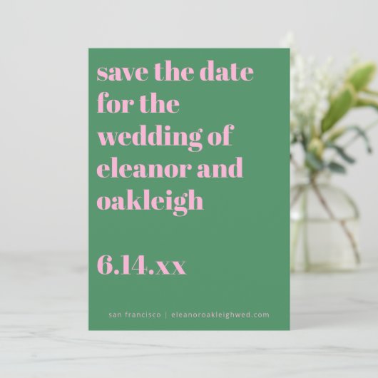 Save The Date Typographie Gras Mariage Moderne Rose Vert (Debout devant)