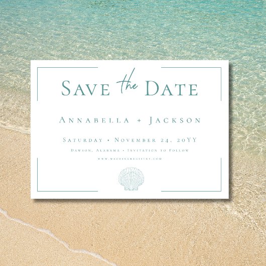 Save The Date Typographie minimale Aqua & White Shell Mariage