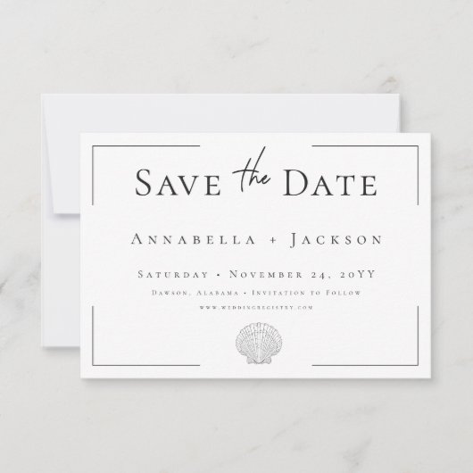 Save The Date Typographie minimale Mariage Shell noir et blanc (Devant)