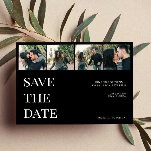 Save The Date Typographie moderne 4 photo collage noir mariage