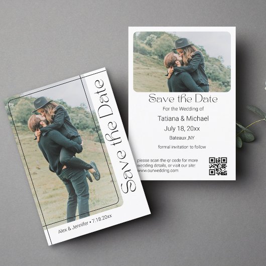 Save The Date typographie moderne cadre chic 2 photos code qr