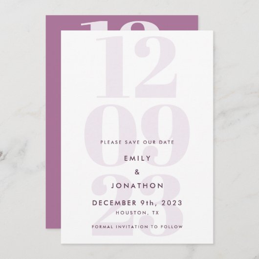 Save The Date Typographie moderne de date Mauve (Devant / Derrière)