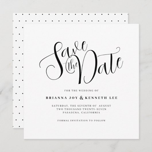 Save The Date Typographie moderne simple point blanc et noir (Devant / Derrière)