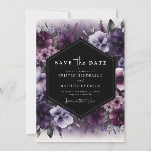 Save The Date Typographie modifiable Mariage floral violet (Devant)