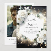 Save The Date Typographie modifiable Mariage Roses blanches (Devant / Derrière)