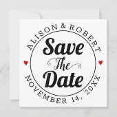 Save The Date Typographie noir et coeurs rouges photo sur le dos (Devant)