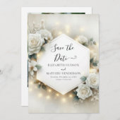 Save The Date Typographie romantique Roses blanches Mariage (Devant / Derrière)