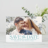 Save The Date Typographie sarcelle moderne photo horizontale (Debout devant)