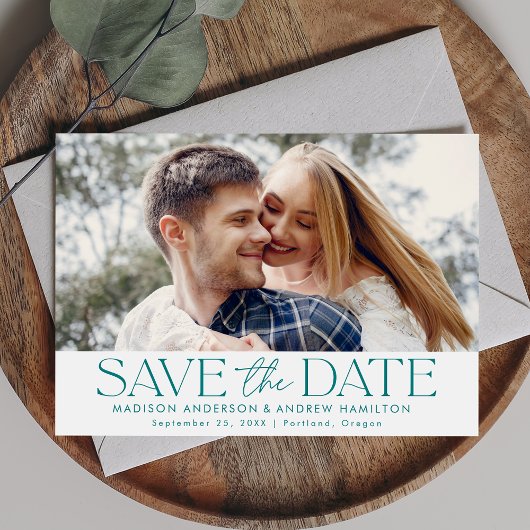 Save The Date Typographie sarcelle moderne photo horizontale