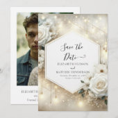 Save The Date Typographie simple Roses blanches Mariage (Devant / Derrière)