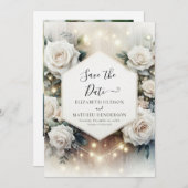 Save The Date Typographie Whimsèque Roses Blanches Mariage (Devant / Derrière)
