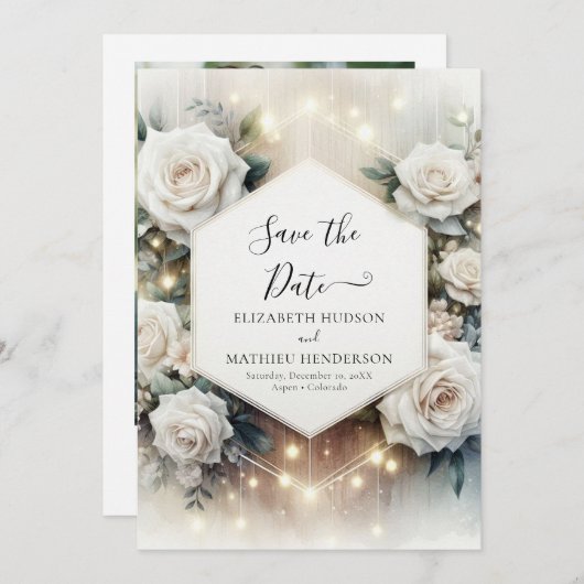 Save The Date Typographie Whimsèque Roses Blanches Mariage (Devant / Derrière)