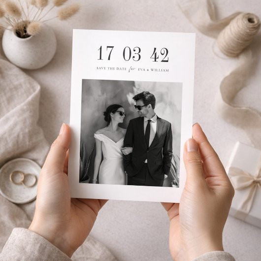 Save The Date Ultra Minimal Black and White Photo Wedding