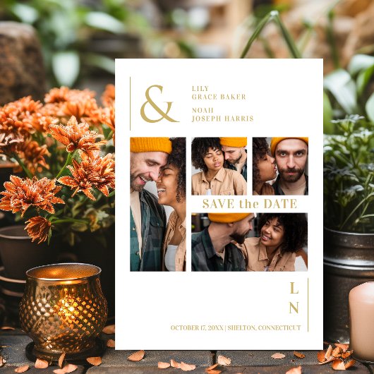 Save The Date Ultra Moderne Tendance Blanc & Or 4 Photos Multipl